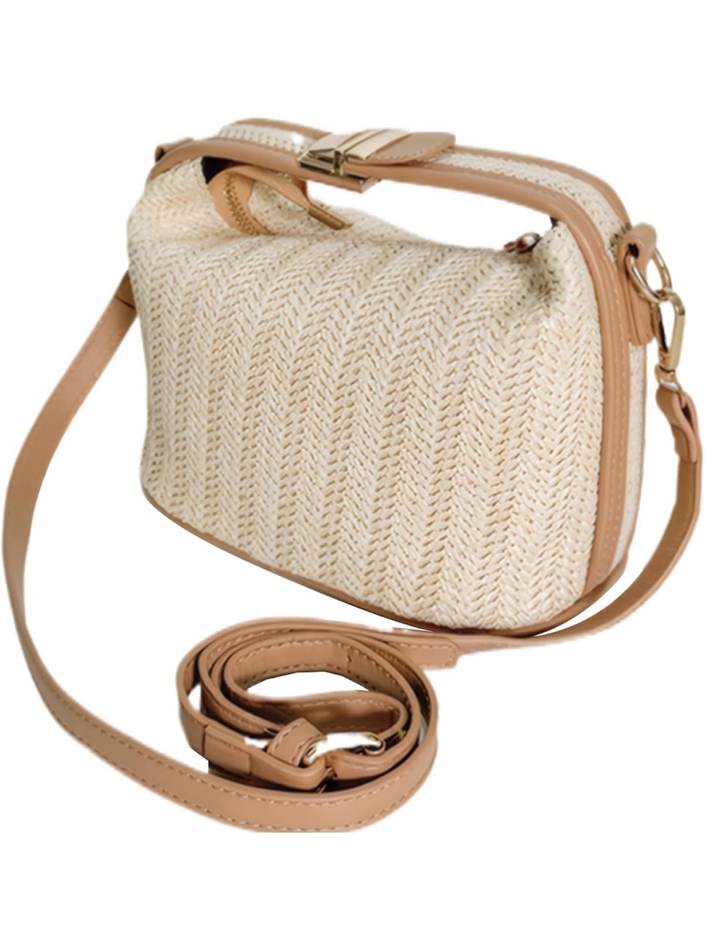 Woven Straw Crossbody Bag with Tan Trim